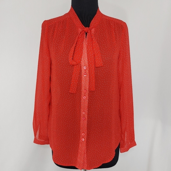 Coincidence Chance Bow Tie Button Top S Semi Sheer Red Print Secretary Blouse - Picture 2 of 6